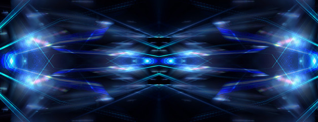 Abstract background neon with lines and glow. Tunnel in blue neon light, underground passage. Abstract blue background. Background of an empty black corridor with neon light. 