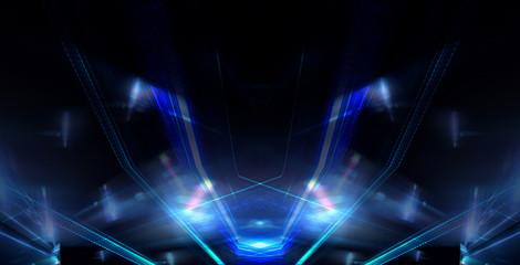Abstract background neon with lines and glow. Tunnel in blue neon light, underground passage. Abstract blue background. Background of an empty black corridor with neon light. 