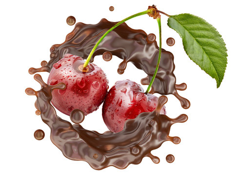 Melted dark chocolate or chocolate syrup 3D splash with fresh ripe cherries isolated. Chocolate drops and cherry liquid swirl splash design element on a white background. Berries and chocolate flavors