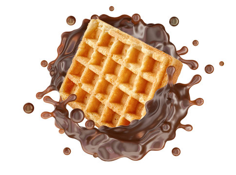 Melted dark chocolate or chocolate syrup splash with traditional belgian waffle isolated. Chocolate drops and waffle biscuit liquid swirl splash design advertising element. Chocolate wafers flavor