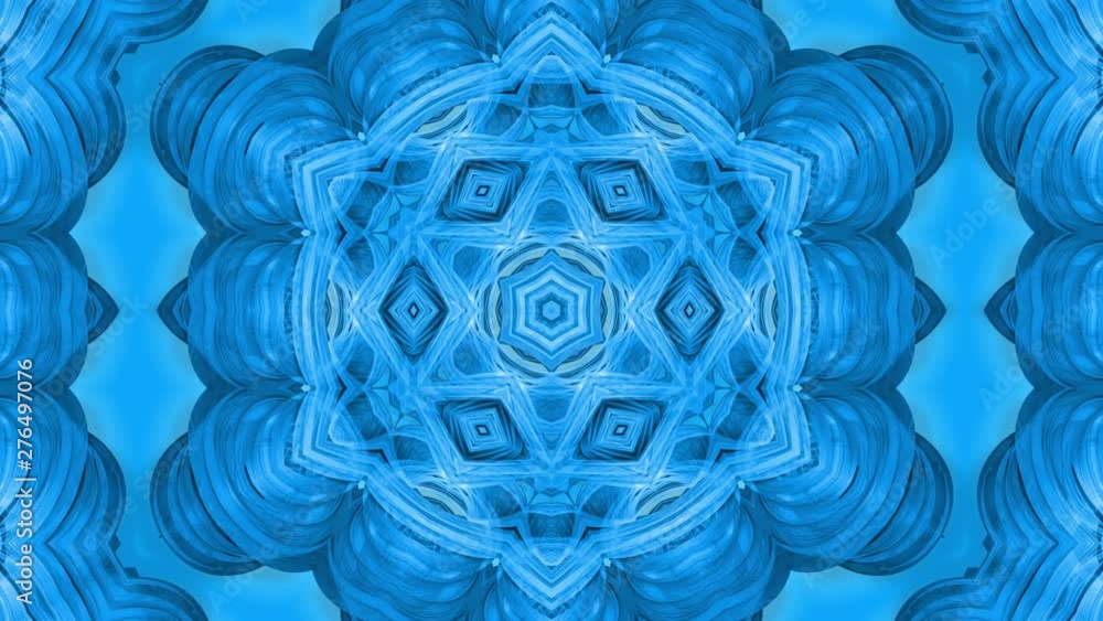 Poster abstract snowflake in motion of the blue lines of ribbons on a blue background. kaleidoscopic effect