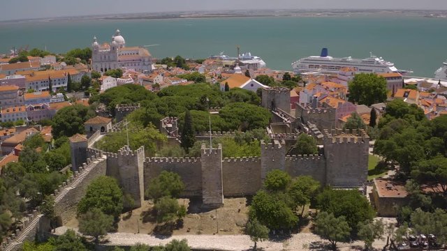St. George castle, Lisbon, Portugal, Europe. 4k aerial drone view