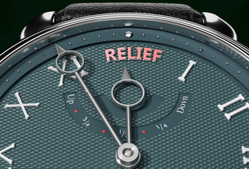 Achieve Relief, come close to Relief or make it nearer or reach sooner - a watch symbolizing short time between now and Relief., 3d illustration