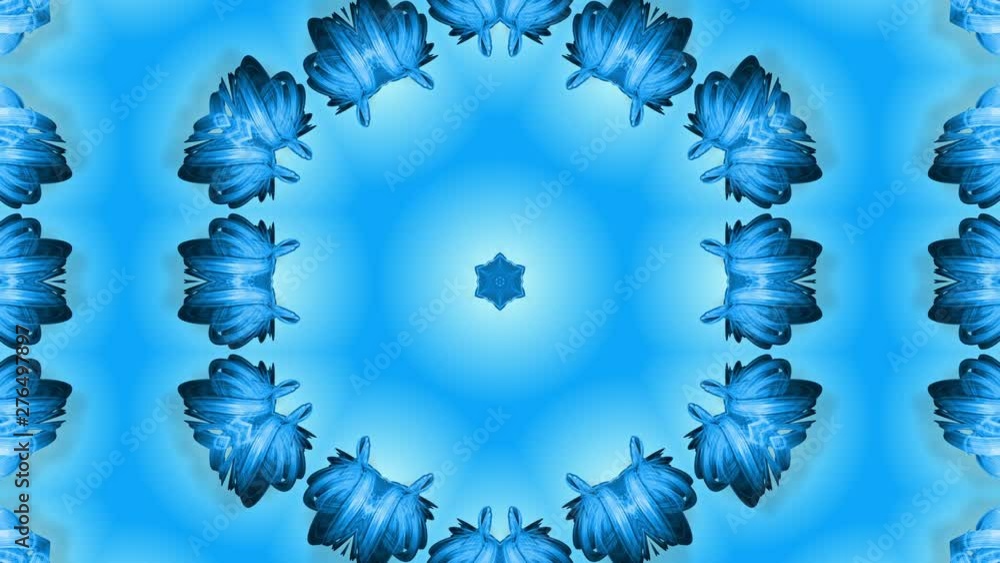 Poster abstract snowflake in motion of the blue lines of ribbons on a blue background. kaleidoscopic effect