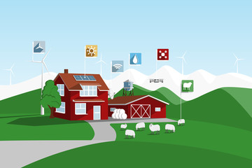 Modern smart farm using renewable energy. Digital agriculture. Vector illustration