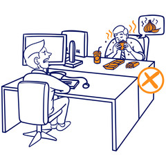 Vector drawing of a open-plan office. two colleagues sitting opposite each other. a man eats stinking food and bothers everyone in the office. outline, comic, office, rules, blue, yellow, stink, annoy