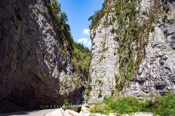 Yupshar Canyon or Stone Bag, republic Abkhazia.The length of the gorge Stone sack is 8 km, and the distance between the rocks on this stretch varies from 20 to 30 meters.  Road to lake Ritsa.