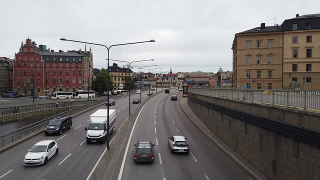 Stockholm city time lapse. Busy highway going through city center.
