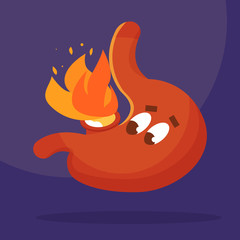 Stomach pain problems, heartburn, acid reflux. Vector flat cartoon illustration