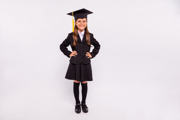 Full length body size view of her she nice attractive diligent clever smart intelligent cheerful cheery confident pre-teen girl student isolated over light white grey background