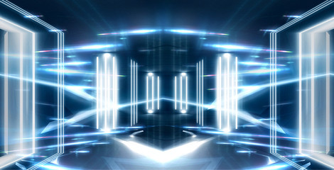 Dark tunnel, corridor. Neon light, reflection of light, lamps on the walls of brick, the old room, illuminated by floodlights. Abstraction with neon. Blue background with m lines and rays.