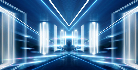 Dark tunnel, corridor. Neon light, reflection of light, lamps on the walls of brick, the old room, illuminated by floodlights. Abstraction with neon. Blue background with m lines and rays.