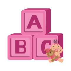 alphabet blocks toys with baby girl and bear teddy