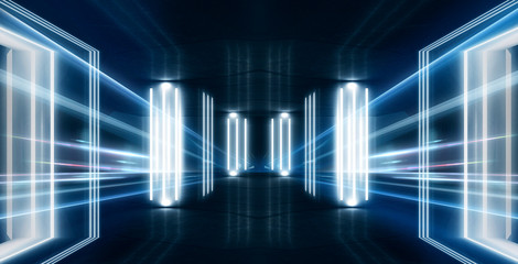 Dark tunnel, corridor. Neon light, reflection of light, lamps on the walls of brick, the old room, illuminated by floodlights. Abstraction with neon. Blue background with m lines and rays.