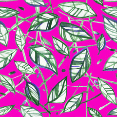 Seamless hand painted pattern with abstract leaves, watercolor, pink background