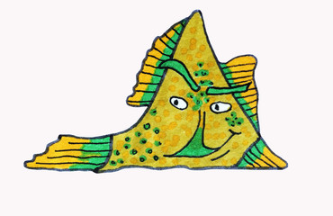 Sea inhabitants, fish. Pattern, illustration. Drawing markers, bright, color. Children's drawings. Element for background, cover, design.