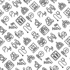Tuberculosis seamless pattern with thin line icons: infection in lungs, x-ray image, dry cough, pain in chest and shoulders, Mantoux test, weight loss. Modern vector illustration.