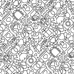 Wedding invitation seamless pattern with thin line icons of dove, camera, photographer, bride, dress, balloons. Vector illustration for banner, web page, print media.