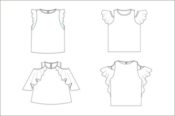 Women top,t-shirt, blouse with braided details in vector set