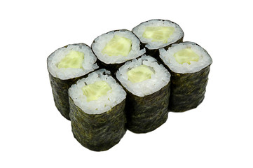 Sushi rolls isolated on white background. Closeup of delicious japanese food sushi roll.