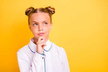 Close-up portrait of her she nice attractive lovely focused pre-teen girl wearing white shirt ask...