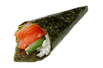 Mix of vegetables and seafood. Sushi rolls isolated on white background. Closeup of delicious japanese food sushi roll.