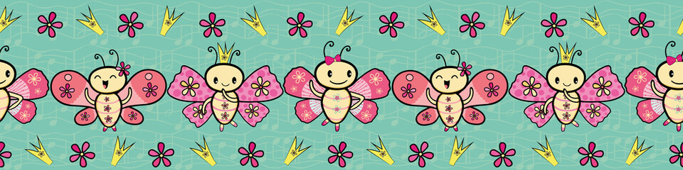 Cute pink hand drawn Kawaii style dancing butterflies border.Seamless vector pattern on blue textured musical notes background. Great for stationery, birthday, party, giftwrap, fabric, edging