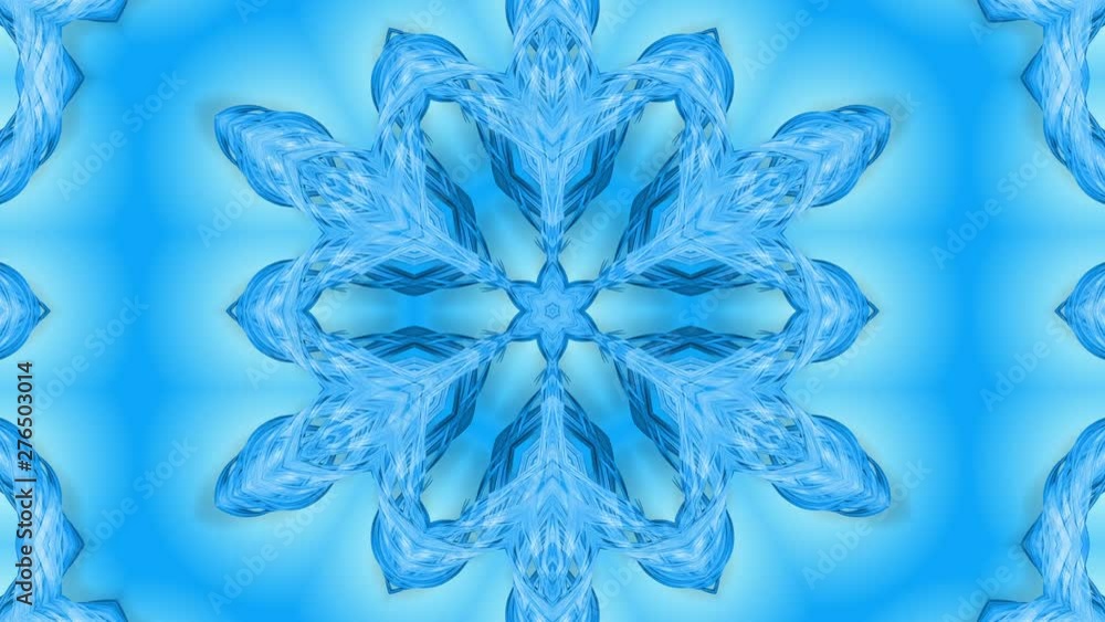 Poster abstract snowflake in motion of the blue lines of ribbons on a blue background. kaleidoscopic effect