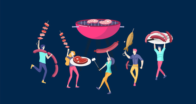 People preparing barbecue. BBQ party. People grilling meat. Conceptual Modern and Trendy colorful vector illustration. Web template.