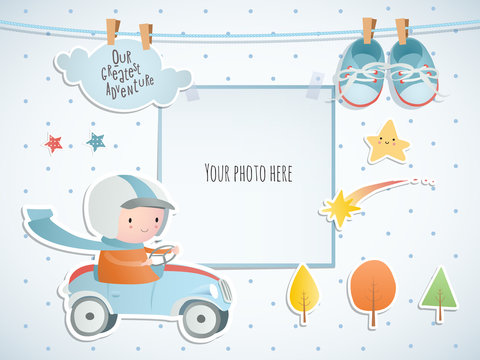 Holiday card design with  A boy driving a car.  Baby shower. Paper, scrapbook. 