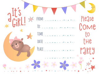 Invitation design with a teddy bear. Birthday party.
