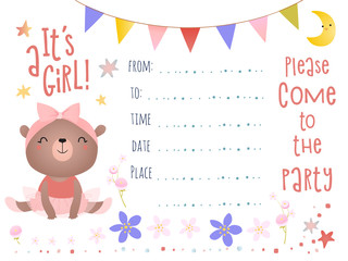 Invitation design with a teddy bear. Birthday party.