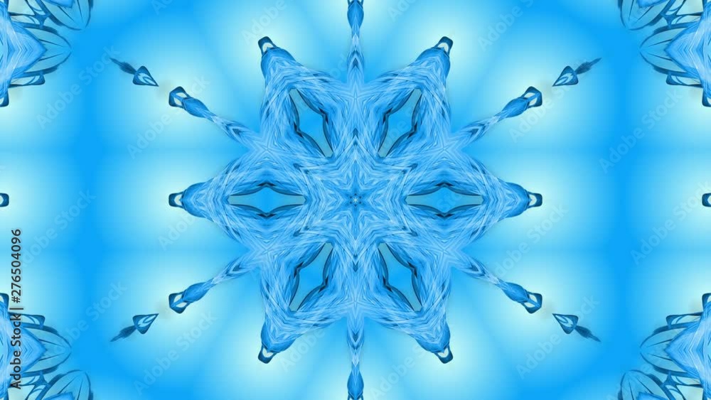 Poster abstract snowflake in motion of the blue lines of ribbons on a blue background. kaleidoscopic effect