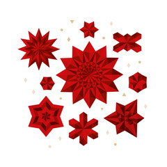 Set of christmas decorative elements. Red stars on white background. Vector flat.