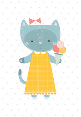 Sweet little kitten with an ice cream. Vector illustration in a scandinavian style. Cute and funny poster.