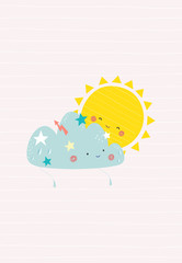 Cute cloud and happy sun. Vector illustration in a scandinavian style. Cute and funny poster.