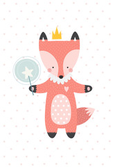 Cute fox with a magic wand. Vector illustration in a scandinavian style. Cute and funny poster.