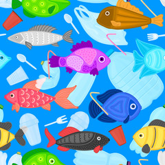 Naklejka premium Vector seamless pattern with fish swims among the garbage. Stop plastic ocean pollution. Marine life under threat. Waste in water. Trash underwater. Environmental Protection. Wrapping, header, poster