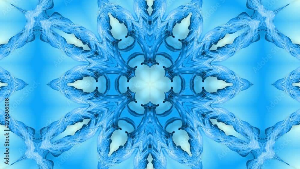 Poster abstract snowflake in motion of the blue lines of ribbons on a blue background. kaleidoscopic effect