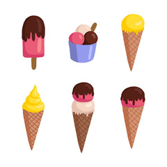 vector set of ice cream illustrations: fruit ice, sugar cone, soft. Bright summer illustration in the style of hand-drawn flat.