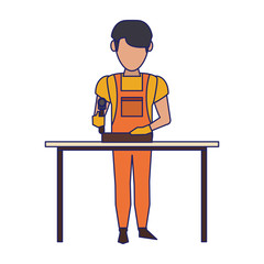 Carpenter working with wooden plank blue lines