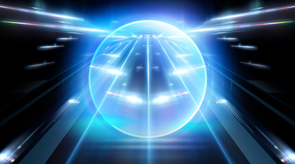 Neon circle, wet asphalt, reflection. Neon circle with the center of a dark empty scene with spotlights. Abstract light. Lights of the night city, abstract light