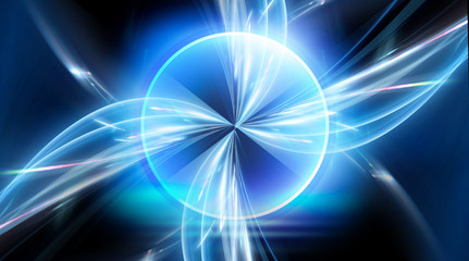 Neon circle, wet asphalt, reflection. Neon circle with the center of a dark empty scene with spotlights. Abstract light. Lights of the night city, abstract light