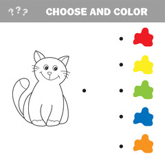 Funny little kitten. Coloring book. Educational game for children. Cartoon vector illustration - choose color - puzzle