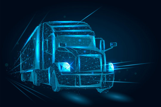 Abstract image of a Truck consisting of points, lines, and shapes. 3d heavy lorry van on Highway road. Transportation vehicle, delivery transport, cargo logistic polygonal illustration