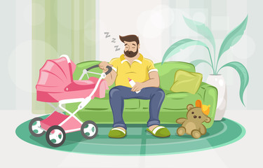 Colourful illustration paternity leave and fell asleep near the baby carriage