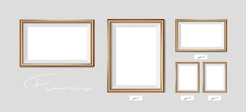 Horizontal golden frame on the wall. Vector EPS10 illustration. Wall picture frame mock-up