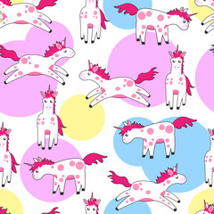 Unicorn with bright spots hand draw colorful seamless pattern. Repeater background in childish cartoons style. Doodle fond with horses for gift wrap, paper and fabric