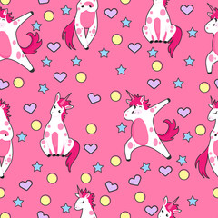 Unicorn with dots, stars and hearts on pink background hand draw colorful seamless pattern. Repeater background in childish cartoons style. Doodle fond with horses for gift wrap, paper and fabric