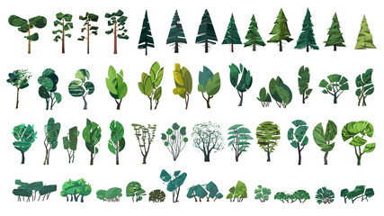 huge collection of stylized isolated green plants for your illustrations - obrazy, fototapety, plakaty